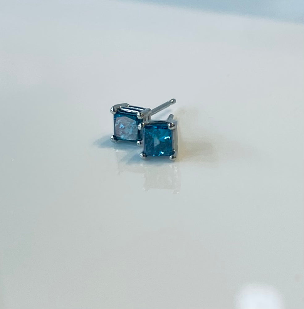Custom Order Princess Cut Blue Diamond Earrings