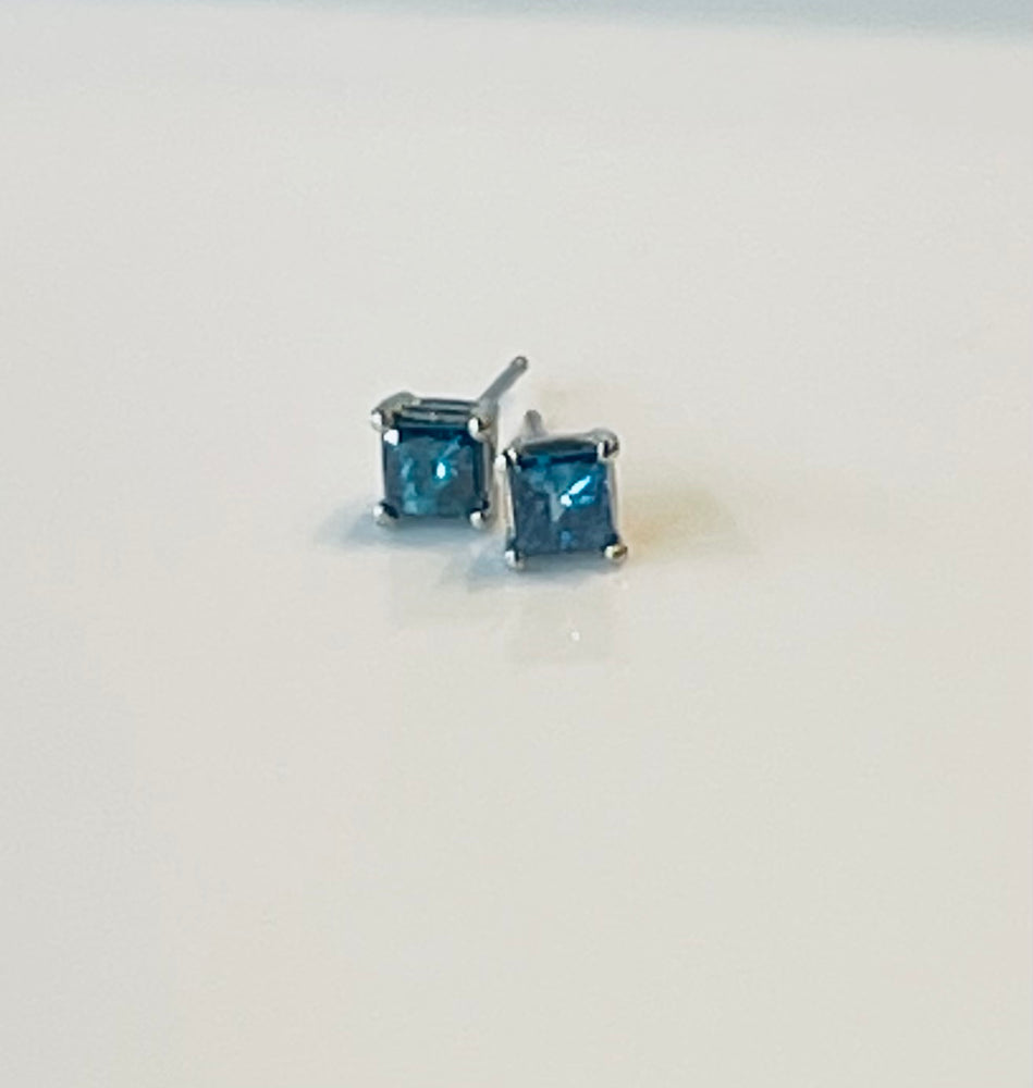 Custom Order Princess Cut Blue Diamond Earrings