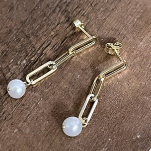 14K Pearl Paperclip Link Earrings with Pearl