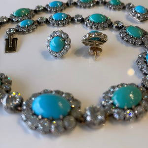 Pair of Turquoise and Diamond Earrings with Matching Necklace